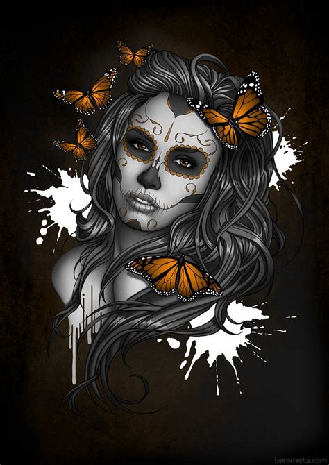 female beautiful sugar skull drawing